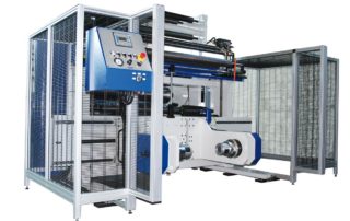 Svolgitore shaftless con presa bobina da terra per bobine di notevoli dimensioni Svolgitore shaftless con presa bobina da terra per bobine di notevoli dimensioni